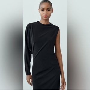 NWT Zara Elegant Asymmetrical Black Long One Sleeve Dress size M